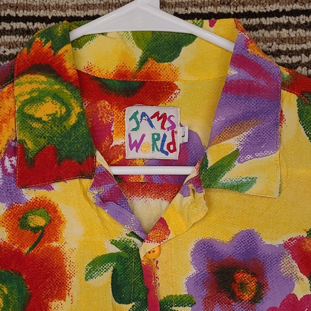 JAMS WORLD‎ Yellow Red Purple Floral Rayon Large Mens Hawaiian Shirt RARE VTG